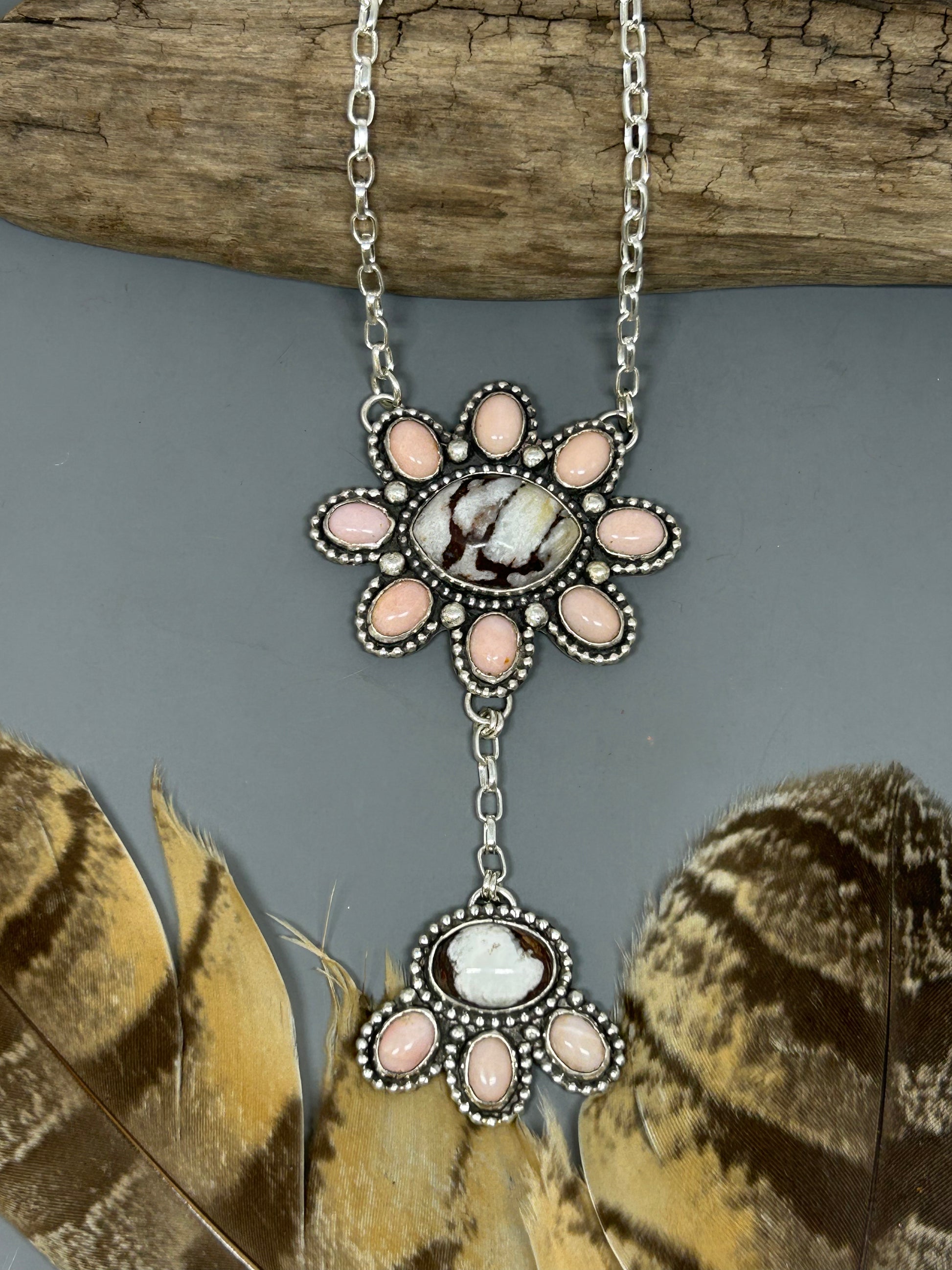Wild Horse Magnesite and Pink Opal set in sterling silver accented with silver balls and bead wire.