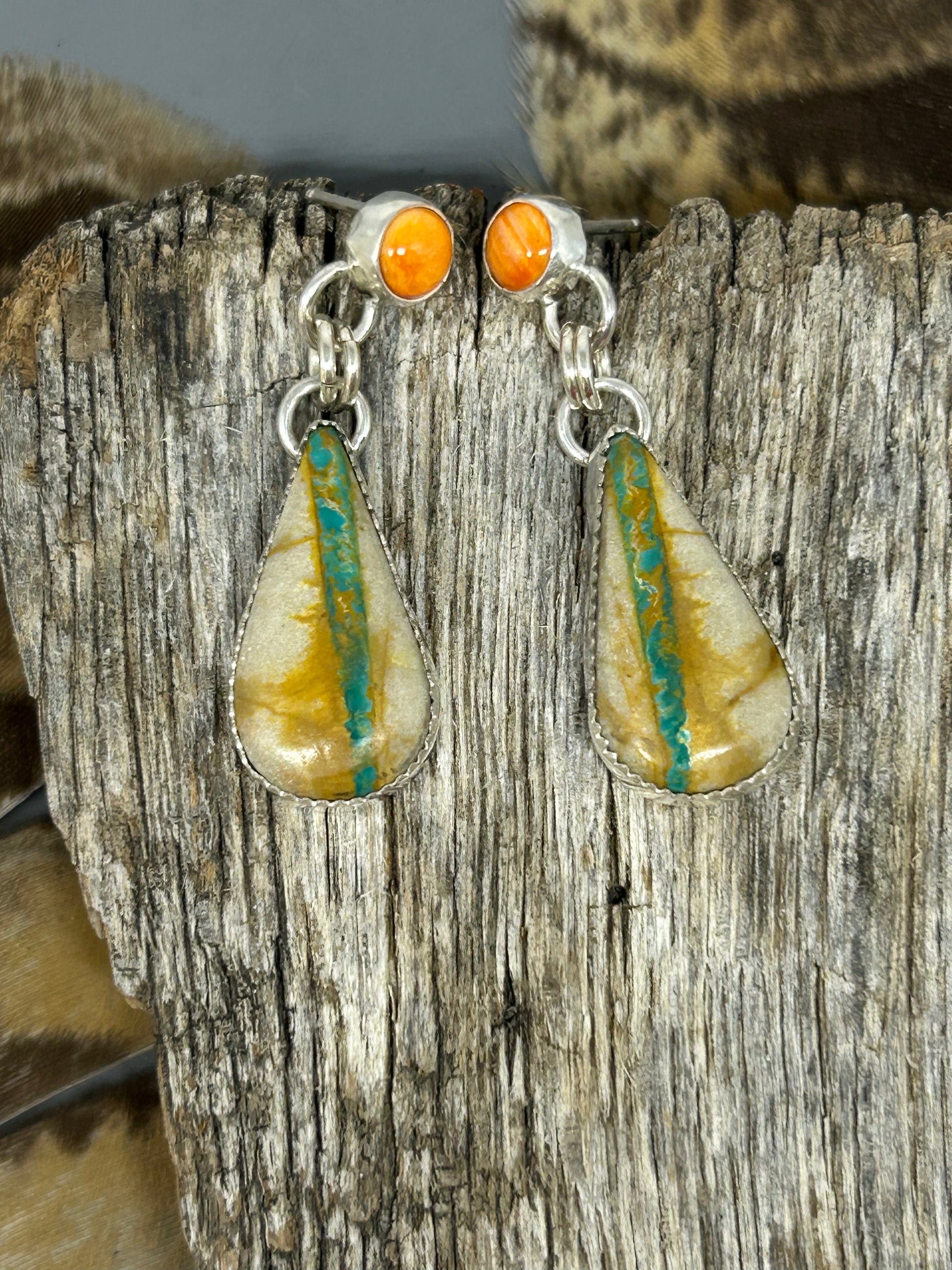 Orange spiny oyster and royston turquoise set in sterling silver with silver ear backs.