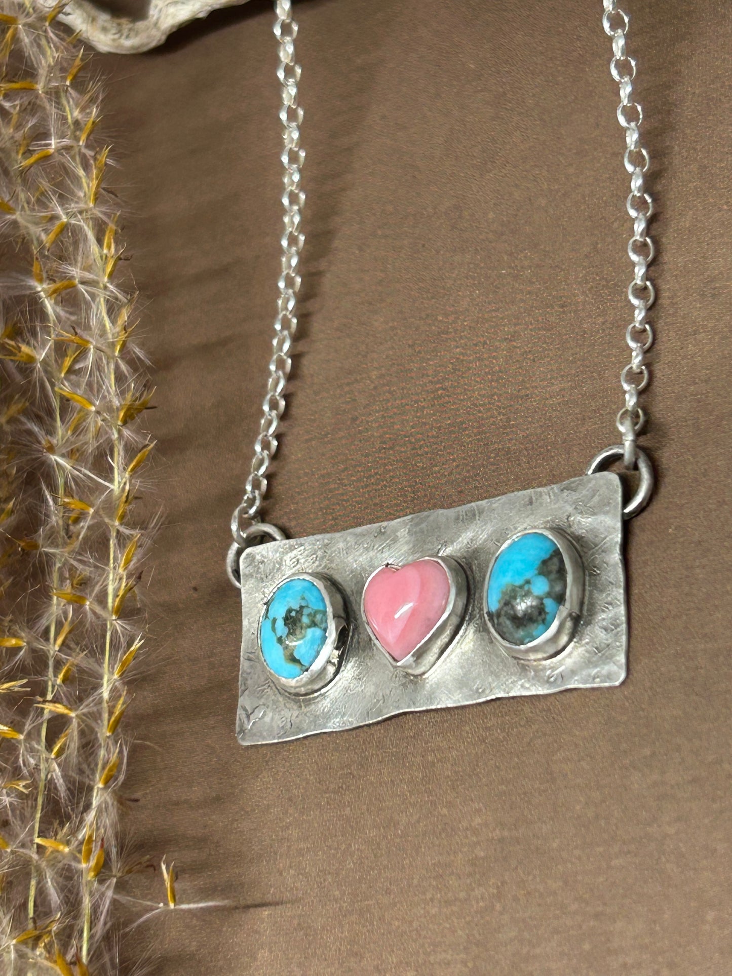 Pink Conch Shell Heart and Kingman Turquoise Necklace