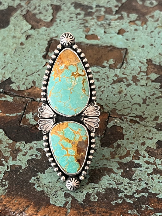 Two pieces of natural Sonoran Turquoise set in sterling silver with silver accents. The band is a split shank size 8.5.