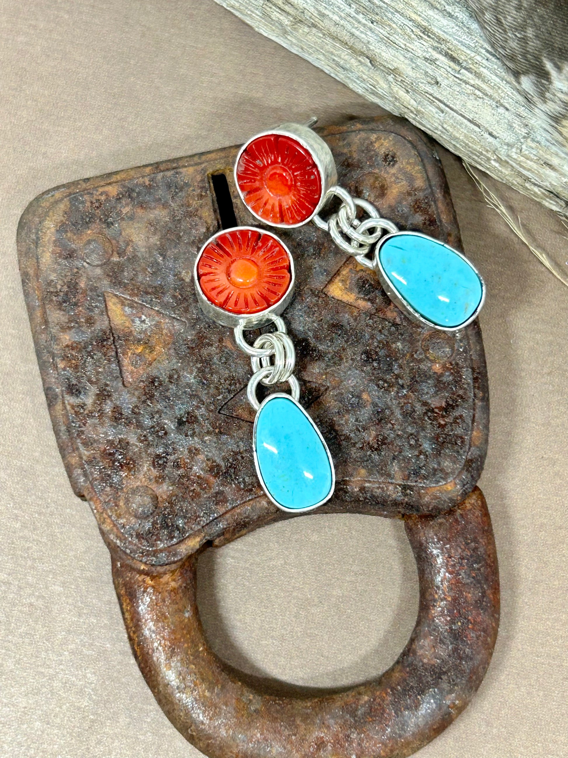 Bamboo coral and Kingman turquoise set in sterling silver silver with sterling ear posts and backs, 1 1/8 inches long.