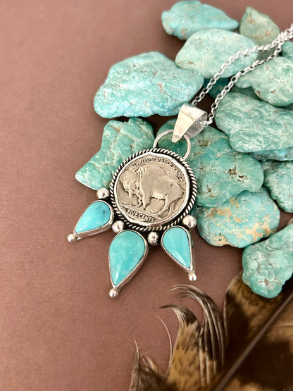 Buffalo Head Nickel Tyrone Turquoise Sterling Silver Necklace