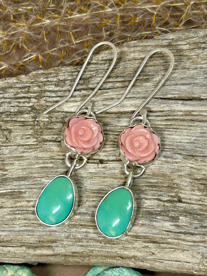 Pink Conch Rose and Turquoise Sterling Silver Earrings