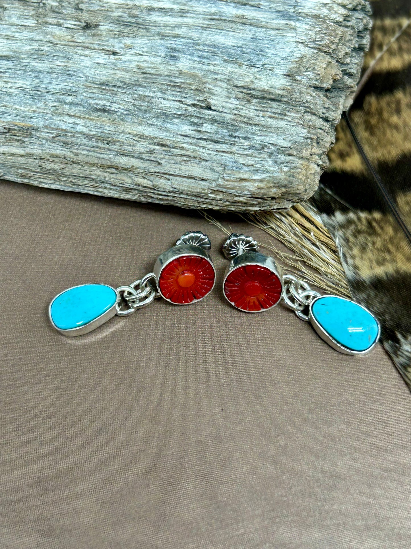 Bamboo Coral Kingman Turquoise Earrings