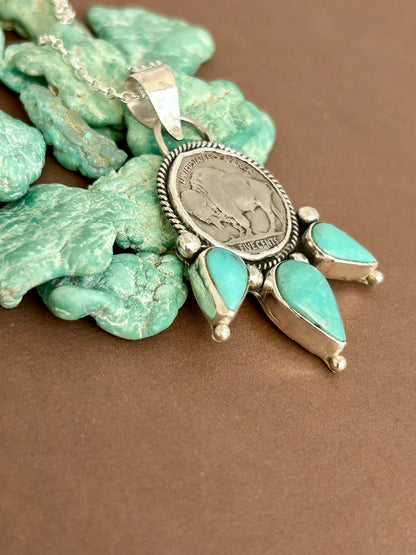 Buffalo Head Nickel Tyrone Turquoise Sterling Silver Necklace