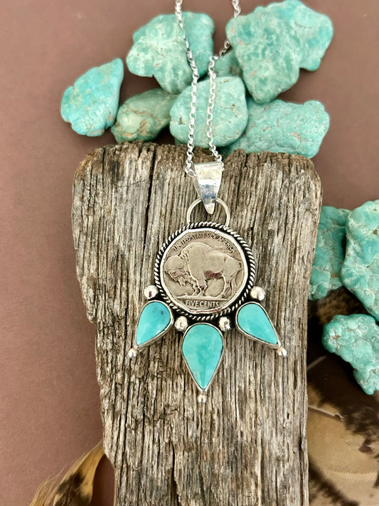 Buffalo Head Nickel Tyrone Turquoise Sterling Silver Necklace