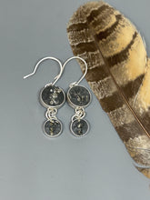 Load image into Gallery viewer, Round Pyrite in Slate cabochons set in sterling silver with sterling silver ear wires.
