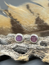 Load image into Gallery viewer, Round rose cut rubies set in sterling silver with silver posts and ear nuts.  These earrings  1/4 of an inch in diameter.
