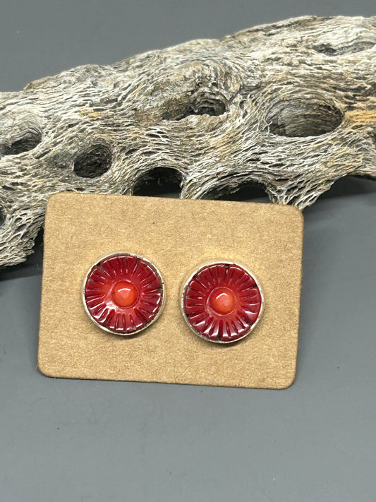 Red round bamboo coral carved in flower shape set in sterling silver with silver post and ear nut.