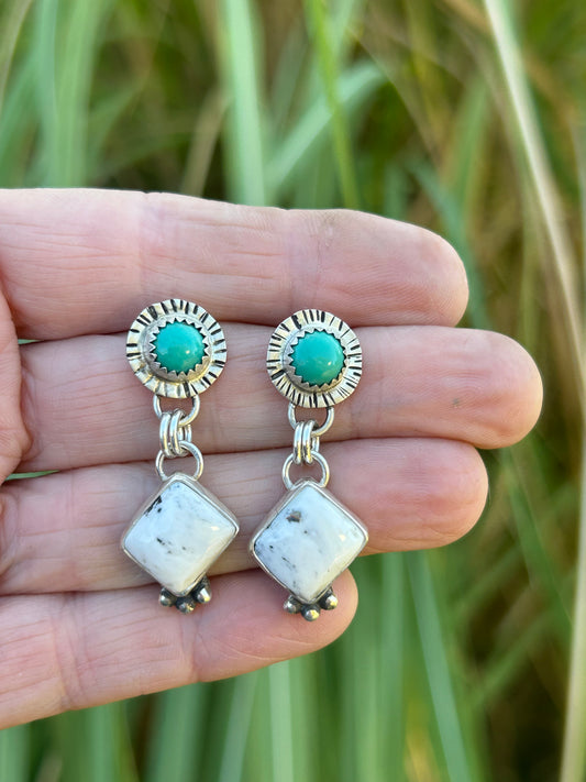 Southwestern earrings. Round Royston turquoise and white buffalo set in sterling silver accented with hand stamping and silver balls. Sterling silver posts and ear backs.