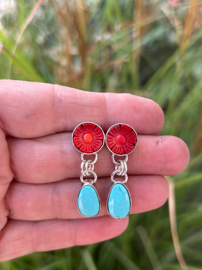 Bamboo coral and Kingman turquoise set in sterling silver with silver ear posts and ear backs.