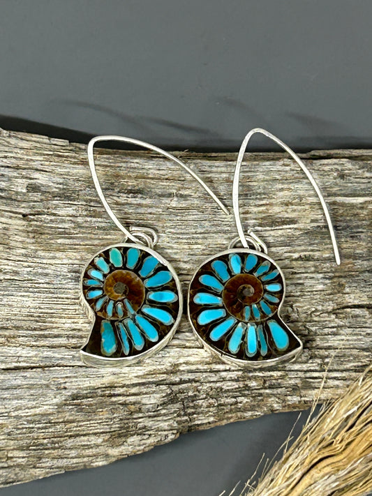 Ammonite Earrings. Ammonite fossils inlaid with turquoise and set in sterling silver. 