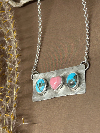 Pink Conch Shell Heart and Kingman Turquoise Necklace