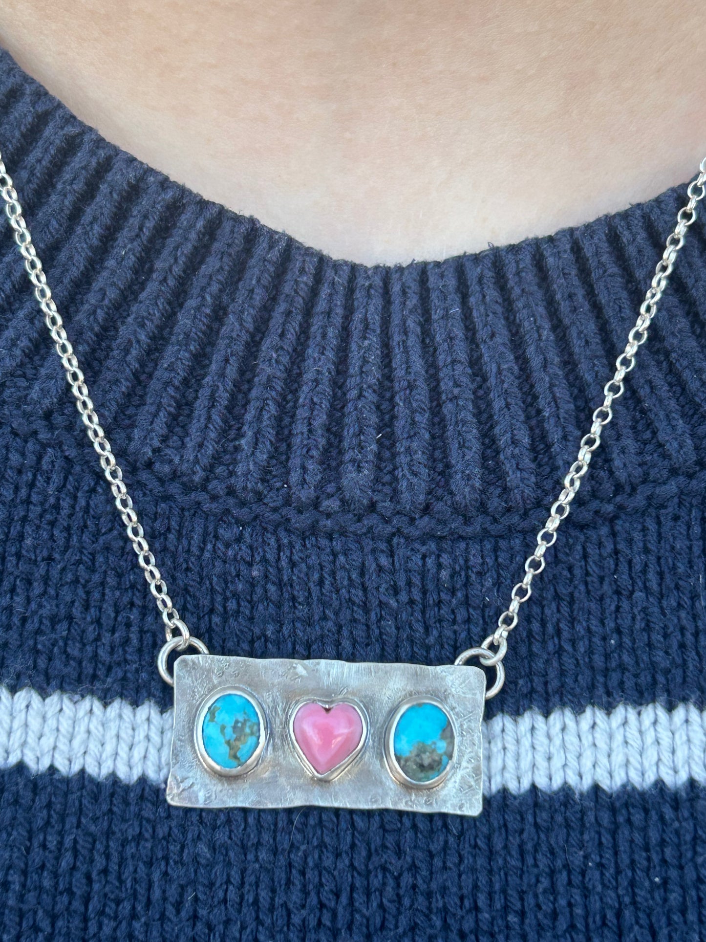Pink Conch Shell Heart and Kingman Turquoise Necklace