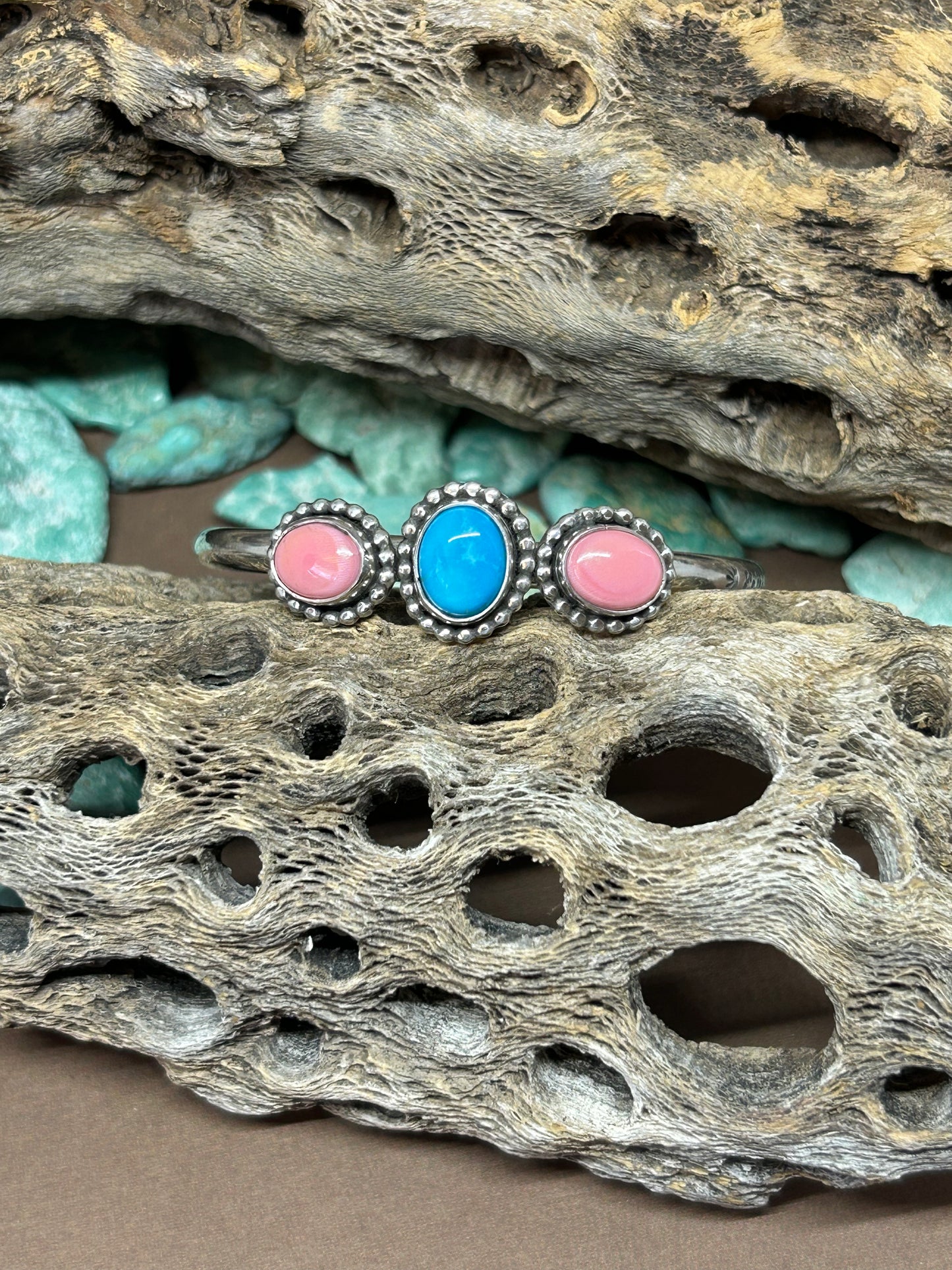 Pink Conch Shell and Kingman Turquoise Cuff