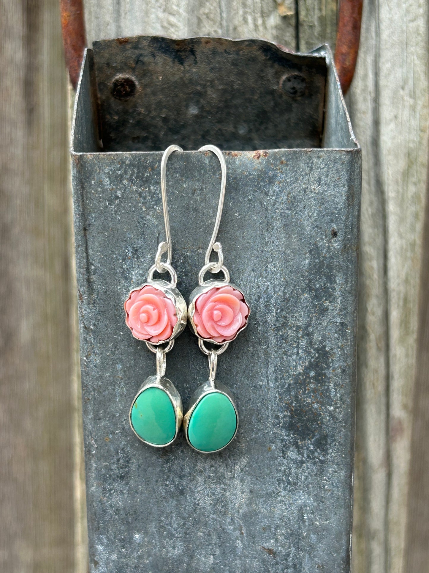 Pink Conch Rose and Turquoise Sterling Silver Earrings
