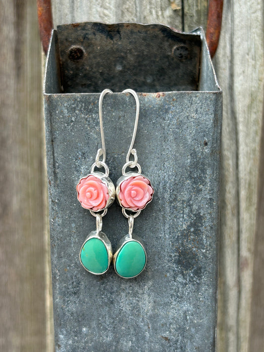 Pink Conch Rose and Turquoise Sterling Silver Earrings
