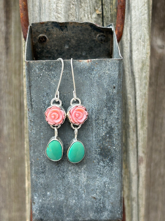 Pink Conch Rose and Turquoise Sterling Silver Earrings