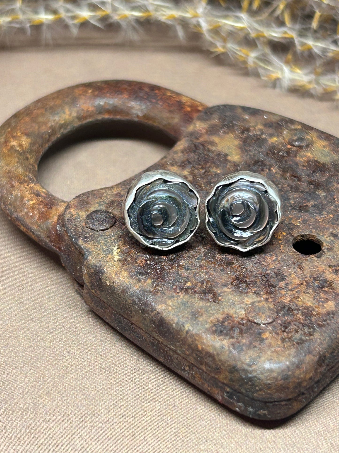 Carved Black Mother Of Pearl Stud Earrings