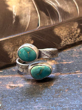 Load image into Gallery viewer, Two pieces of Royston turquoise in a sterling silver distressed setting on an adjustable sterling silver band.
