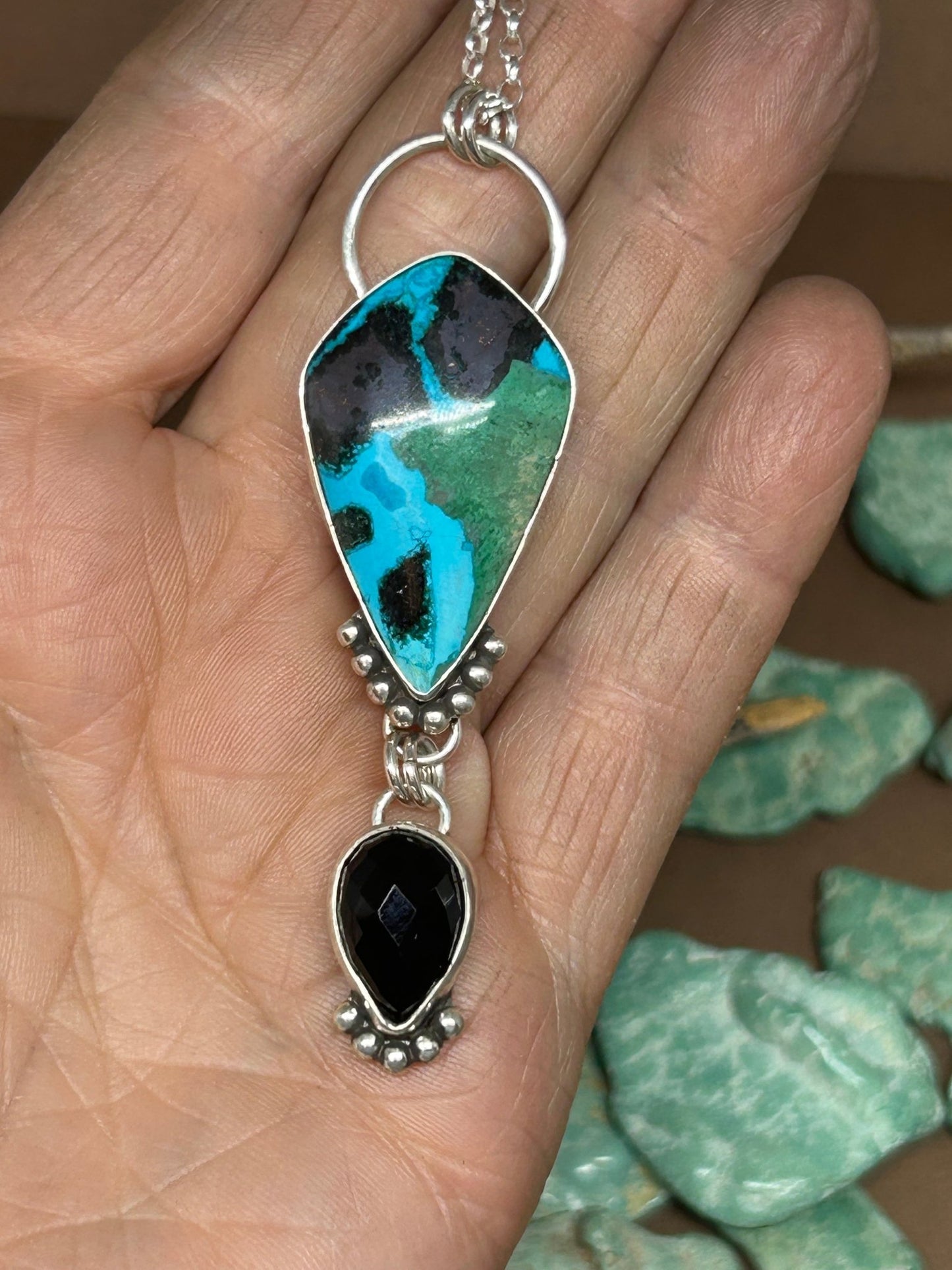 Chrysocolla Malachite Tenorite Black Onyx Necklace - Taylor Made Silver