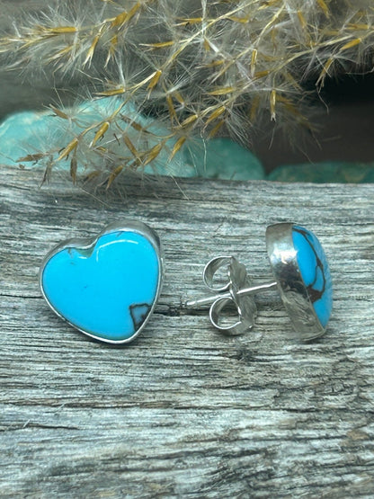 Egyptian Turquoise Heart Shaped Sterling Silver Stud Earrings - Taylor Made Silver