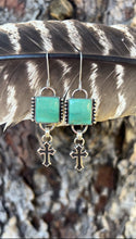 Load image into Gallery viewer, Eliza Turquoise set in sterling silver accented with bead wire snd sterling silver crosses and a soft patina.
