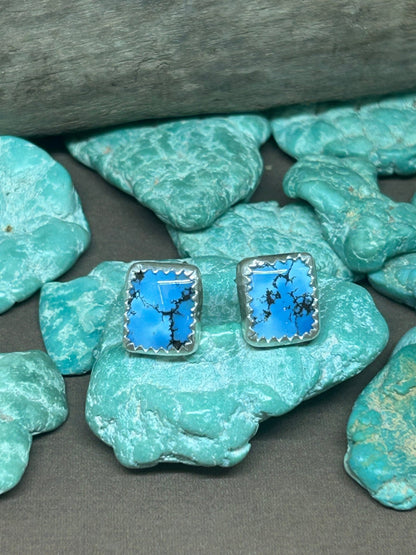 Rectangle chubbie stud earrings made with natural Golden Hills Turquoise set in genuine sterling silver. Light to medium blue and black. 