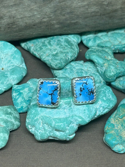Rectangle chubbie stud earrings made with natural Golden Hills Turquoise set in genuine sterling silver. Light to medium blue and black. 