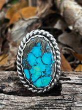 Load image into Gallery viewer, Moon river Turquoise set in sterling silver wrapped in silver twist wire with a triple shank size 9.5 sterling silver band.  Handmade by Taylor Made Silver.
