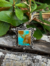 Load image into Gallery viewer, Royston Turquoise set in sterling silver with silver accents and a wide size 9 ring band.  Handmade by Taylor Made Silver.
