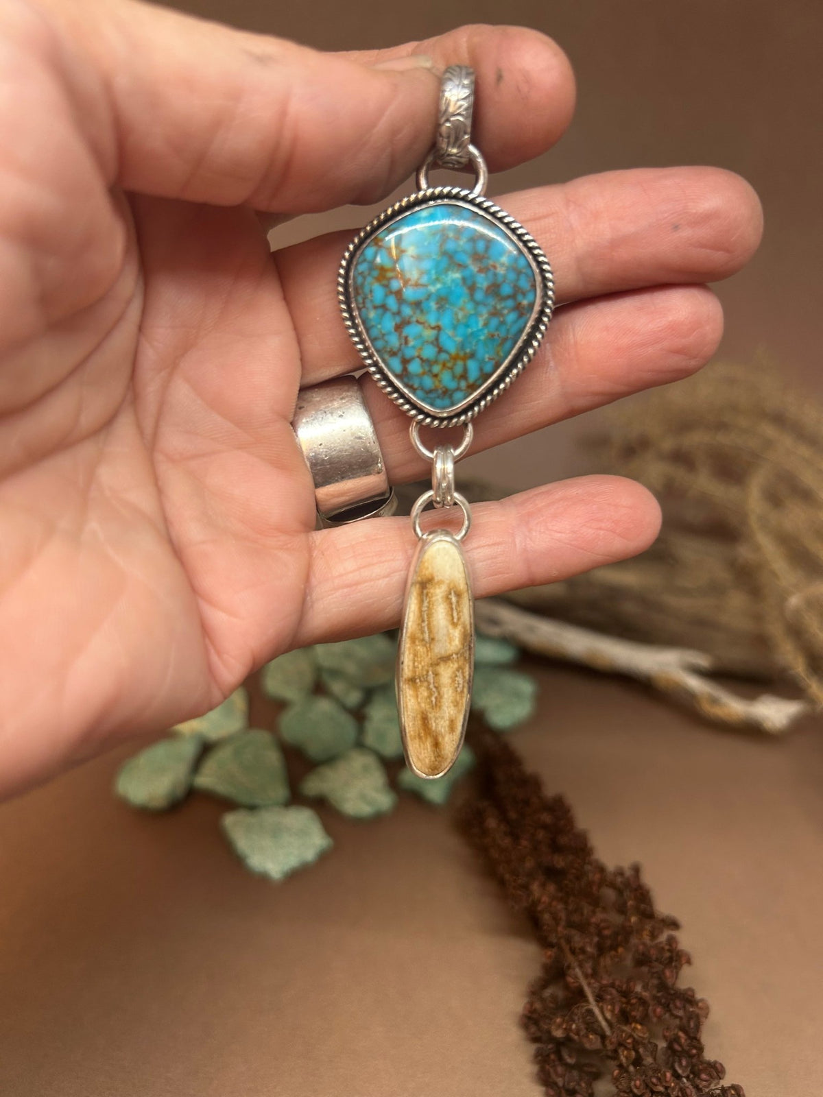 Kingman Turquoise Woolly Mammoth Tusk Pendant - Taylor Made Silver