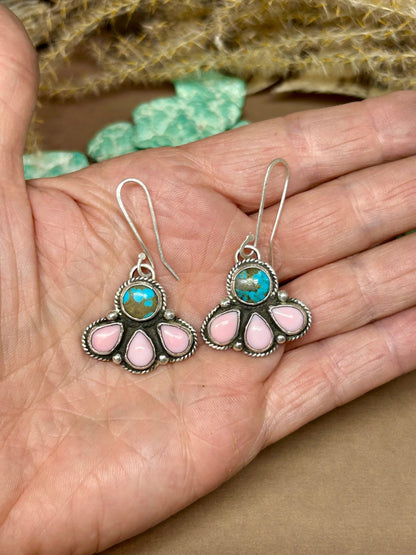 Pink Conch Shell and Kingman Turquoise Dangle Earrings - Taylor Made Silver