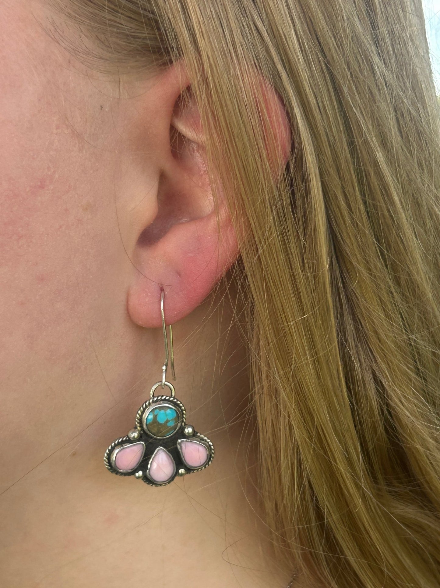 Pink Conch Shell and Kingman Turquoise Dangle Earrings - Taylor Made Silver