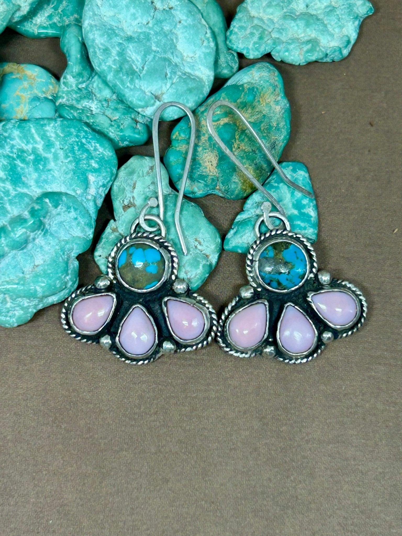 Pink Conch Shell and Kingman Turquoise Dangle Earrings - Taylor Made Silver