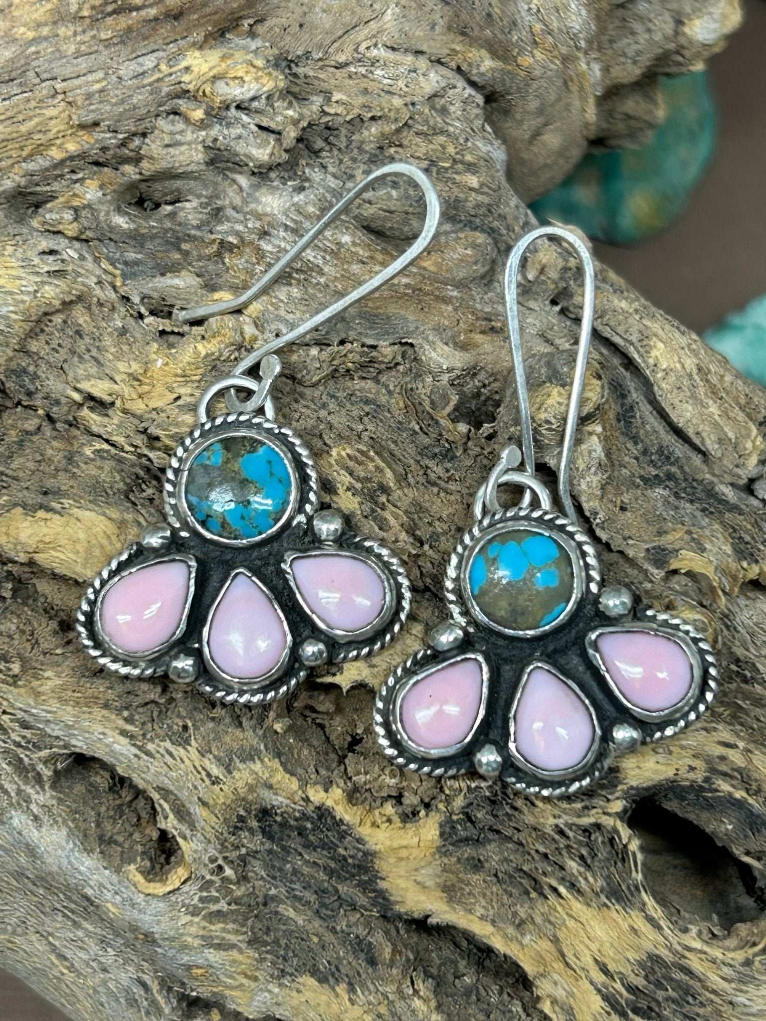 Pink Conch Shell and Kingman Turquoise Dangle Earrings - Taylor Made Silver