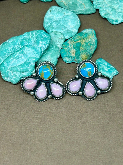 Pink Conch Shell and Kingman Turquoise Stud Earrings - Taylor Made Silver