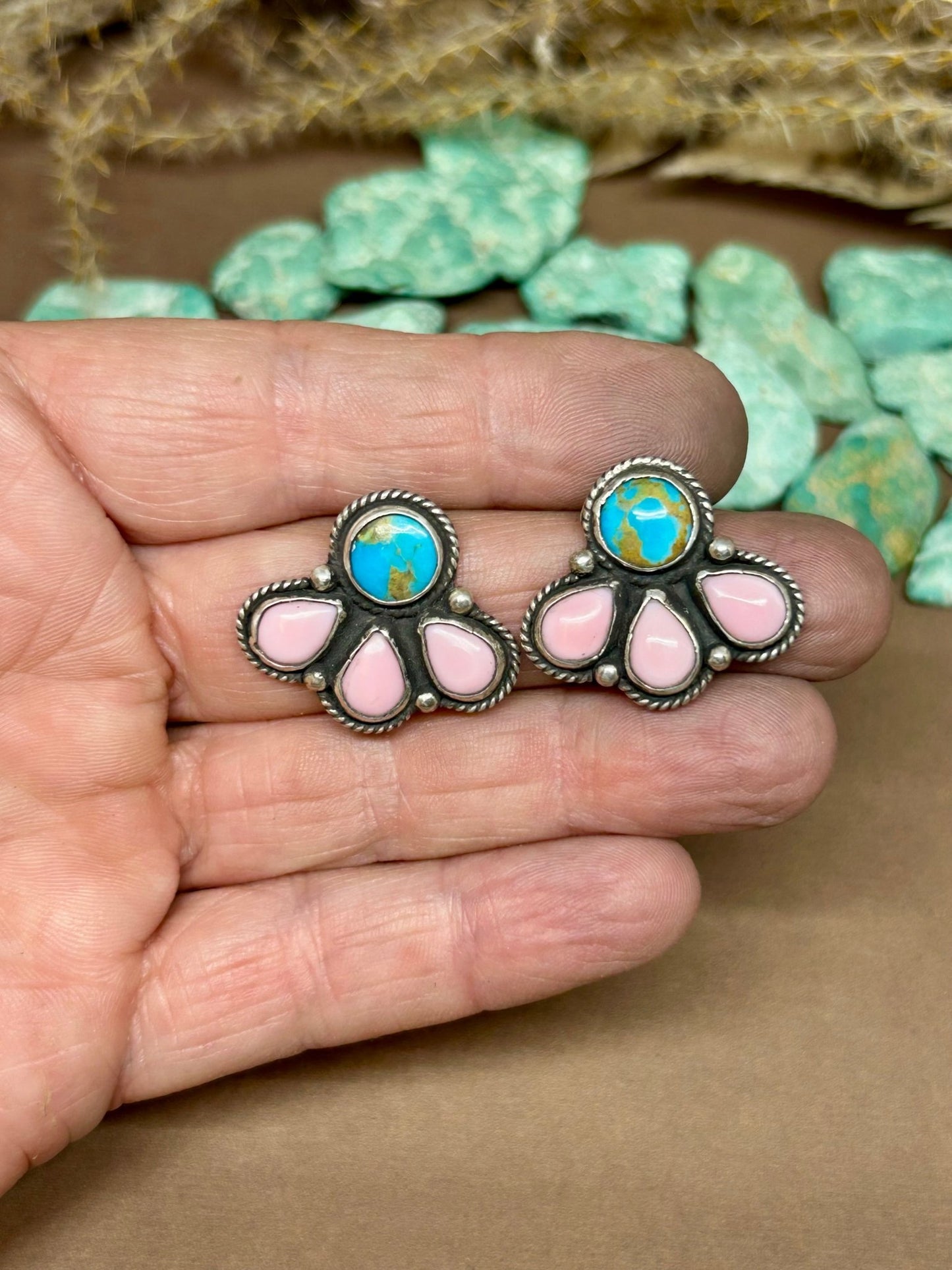 Pink Conch Shell and Kingman Turquoise Stud Earrings - Taylor Made Silver