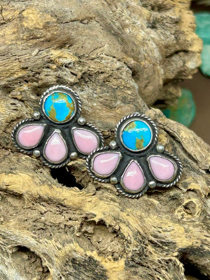 Pink Conch Shell and Kingman Turquoise Stud Earrings - Taylor Made Silver