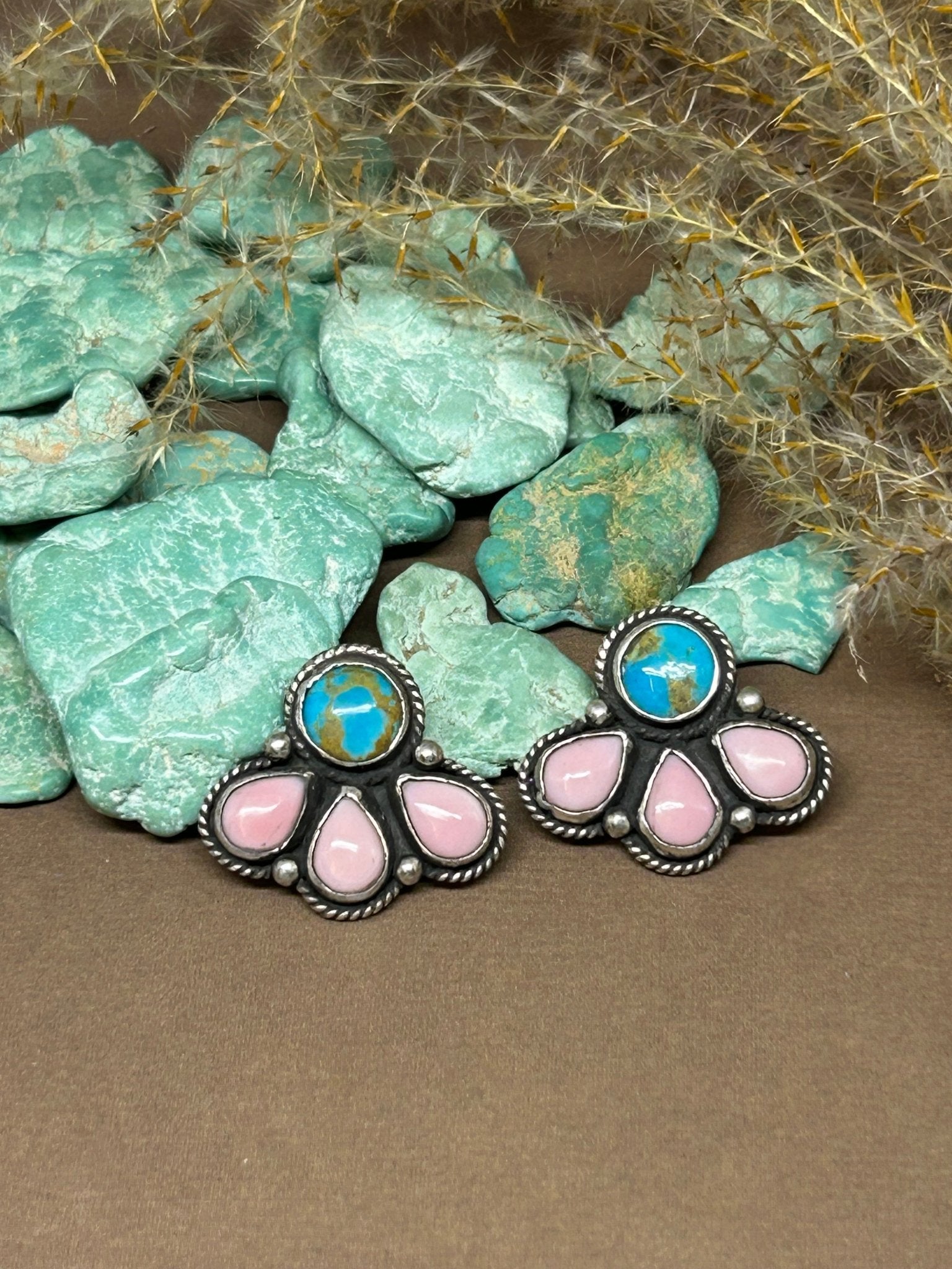 Pink Conch Shell and Kingman Turquoise Stud Earrings - Taylor Made Silver