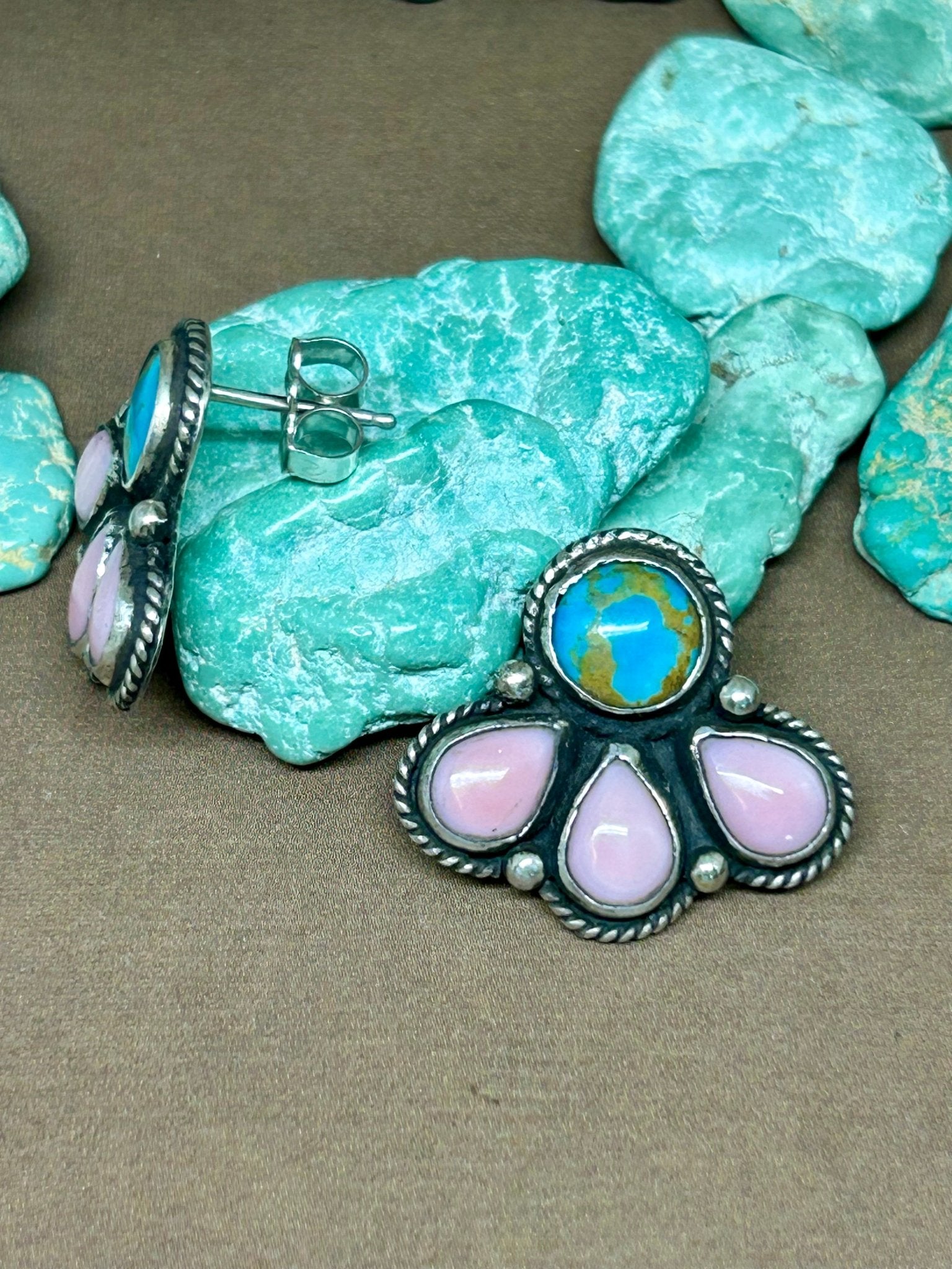 Pink Conch Shell and Kingman Turquoise Stud Earrings - Taylor Made Silver
