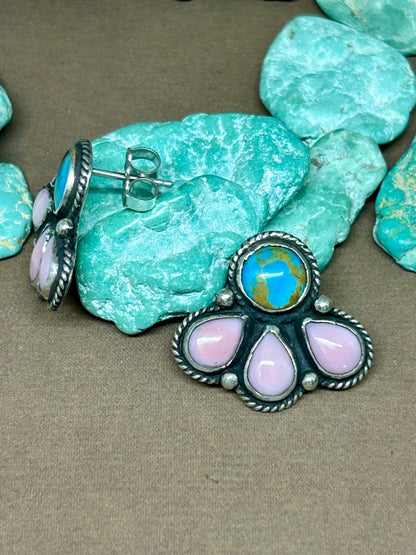 Pink Conch Shell and Kingman Turquoise Stud Earrings - Taylor Made Silver