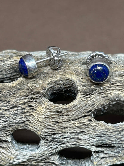 Round Lapis Stud Earrings, Minimalist - Taylor Made Silver