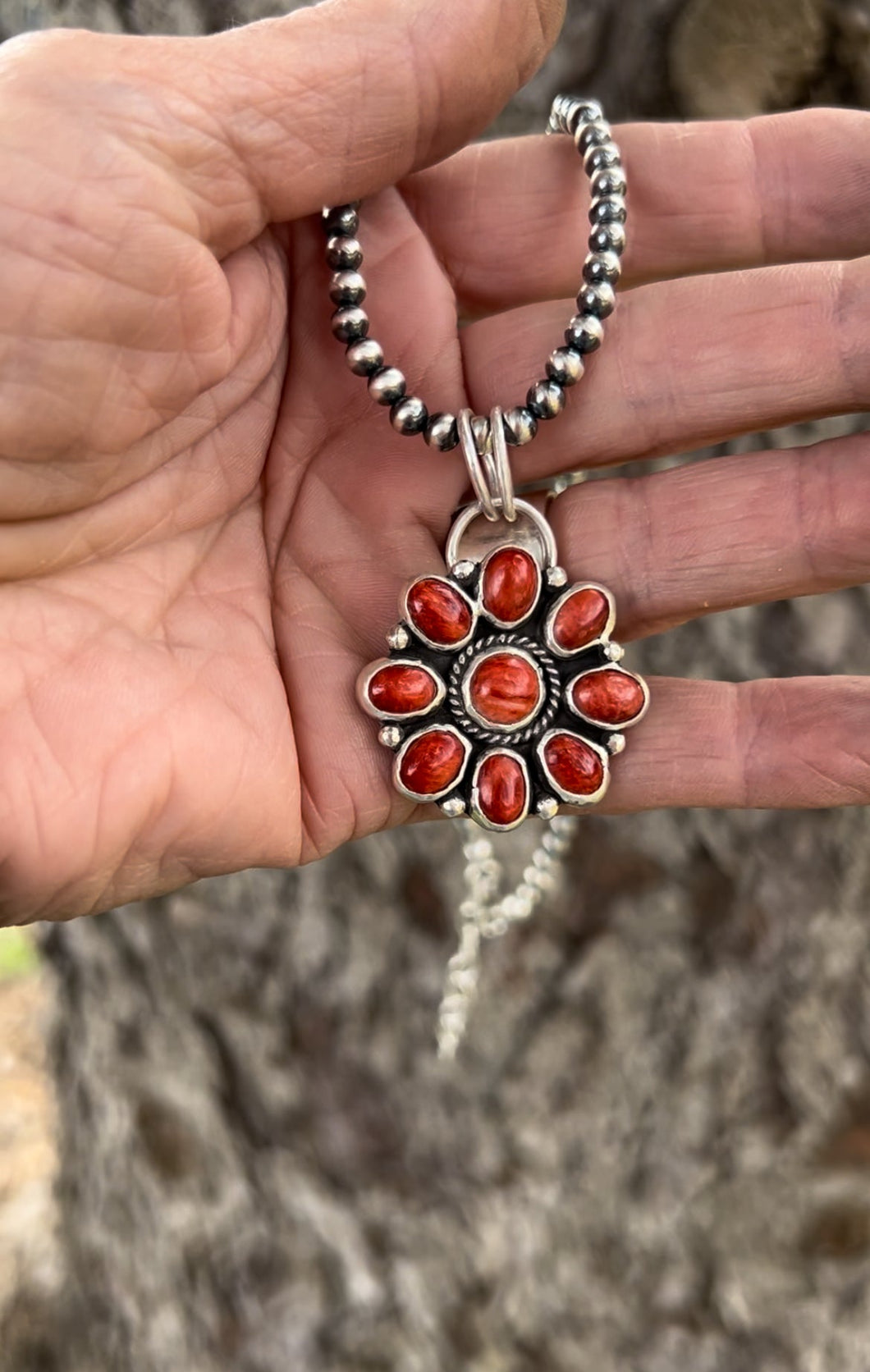 Nine pieces of red orange spiny oyster cabochons set in sterling silver in a cluster design.