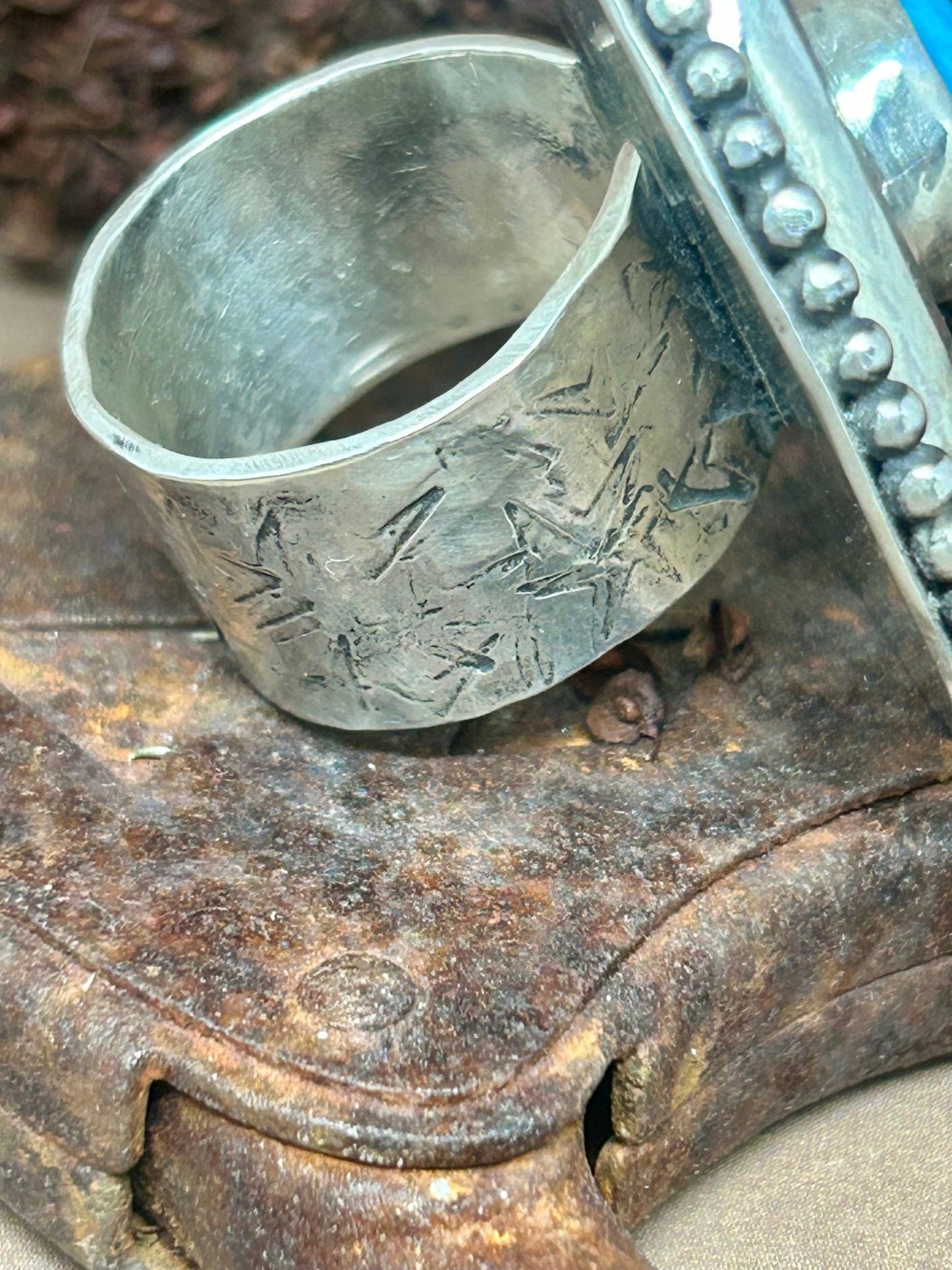 The Relic Dinosaur Bone and Turquoise Sterling Silver Size 8 Ring. - Taylor Made Silver