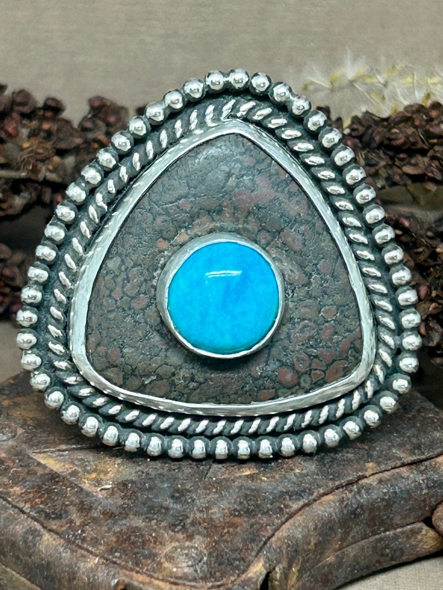 The Relic Dinosaur Bone and Turquoise Sterling Silver Size 8 Ring. - Taylor Made Silver