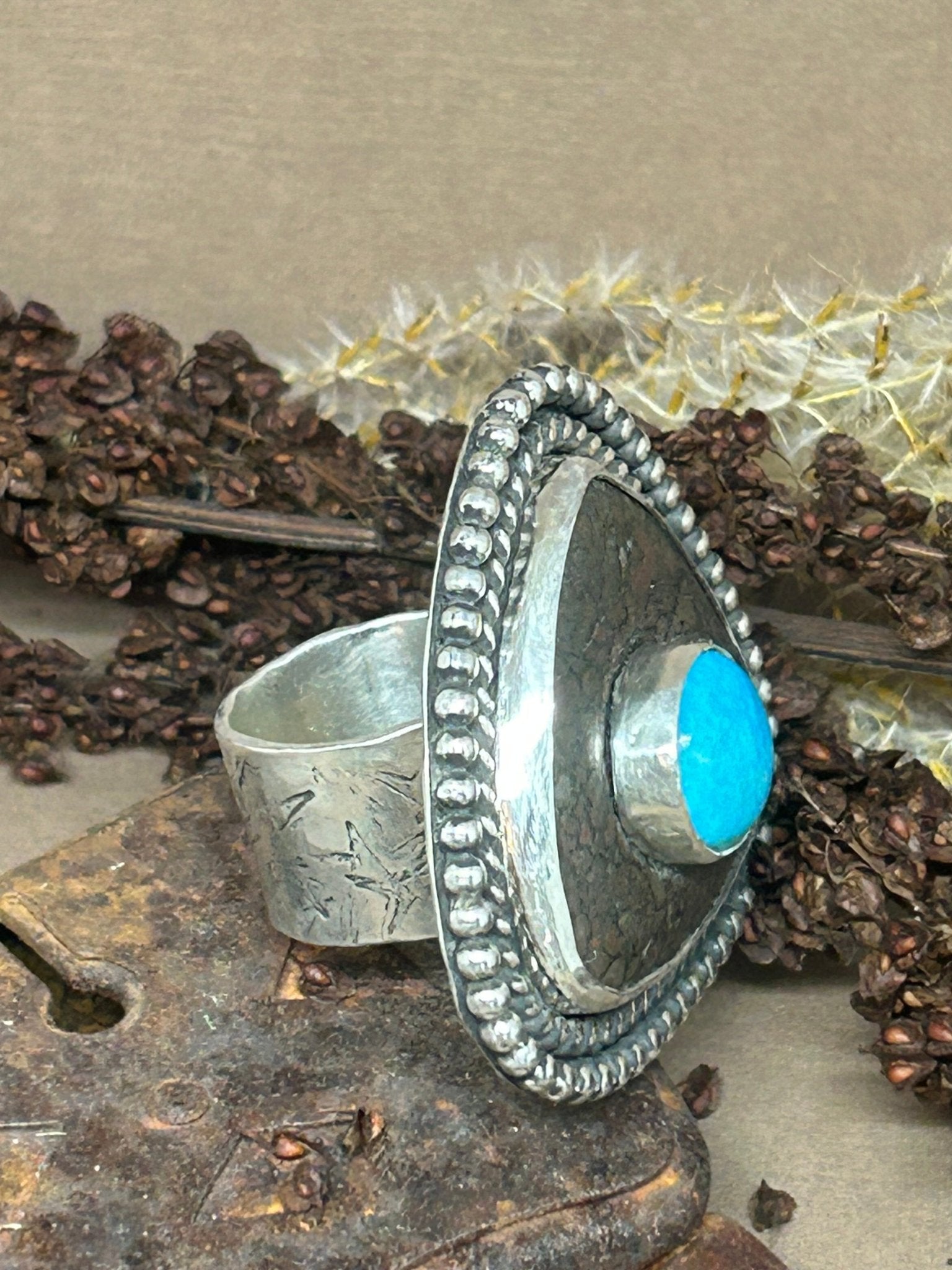 The Relic Dinosaur Bone and Turquoise Sterling Silver Size 8 Ring. - Taylor Made Silver