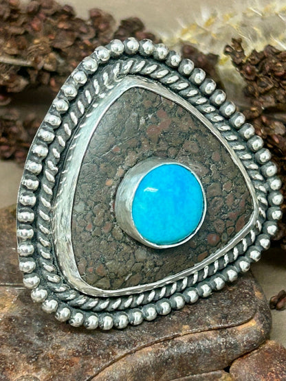 The Relic Dinosaur Bone and Turquoise Sterling Silver Size 8 Ring. - Taylor Made Silver
