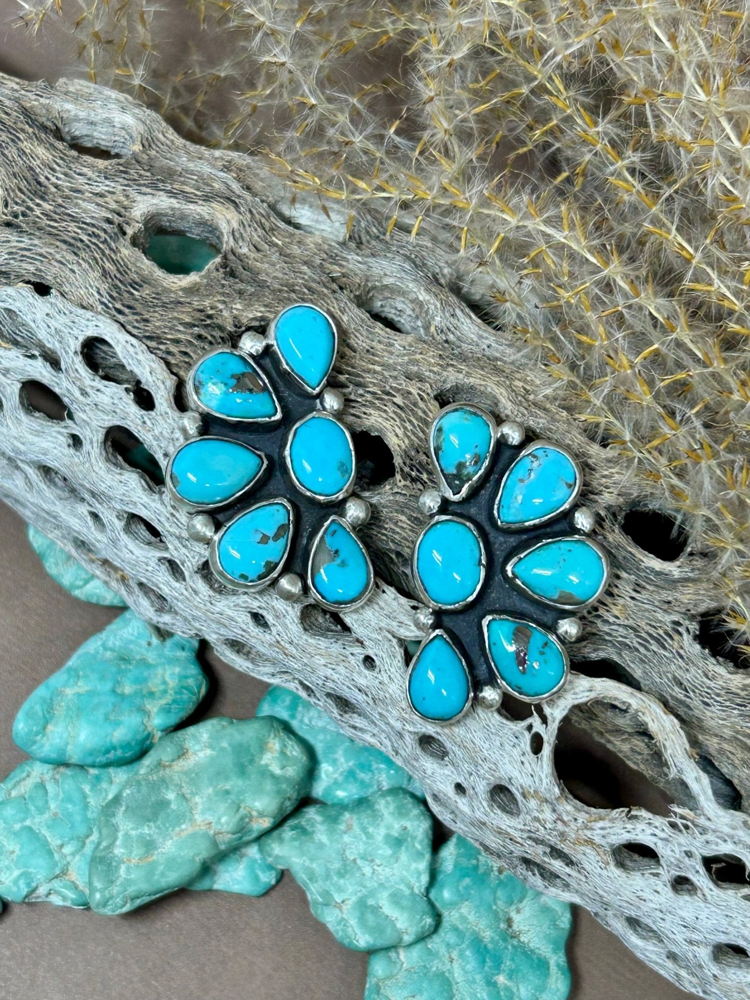 Turquoise Cluster Sterling Silver Stud Earrings - Taylor Made Silver