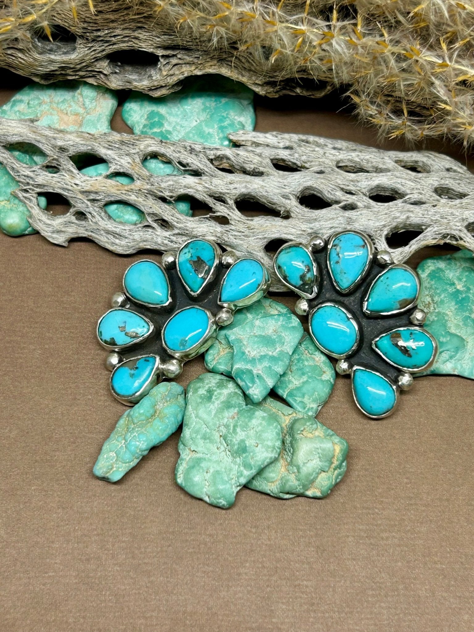 Turquoise Cluster Sterling Silver Stud Earrings - Taylor Made Silver